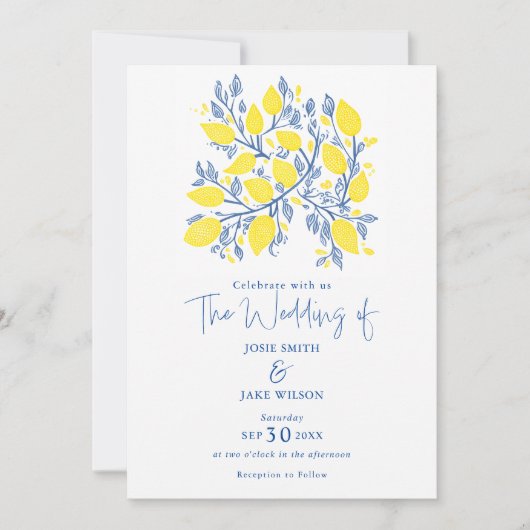 Vignes bleu et jaune citron Faire-part de mariage (Devant)