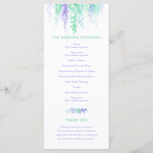 Vignes mariages en cascade programme vert aquarell (Dos)