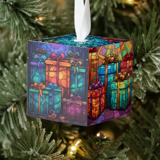 Vijf Afbeelding Glas in lood Kerstmis Kubus Ornament (Boom)