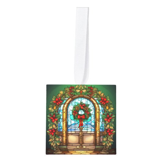 Vijf Afbeelding Glas in lood Kerstmis Kubus Ornament (Voorkant)