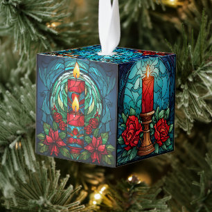 Vijf Afbeelding Glas in lood Kerstmis Kubus Ornament