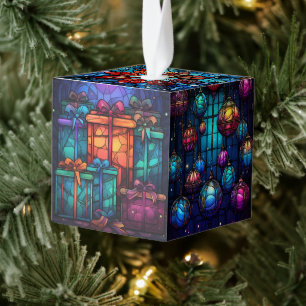 Vijf Afbeelding Glas in lood Kerstmis Kubus Ornament