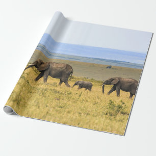 VIJF ELEPHANTS OP BROWN GRASS CADEAUPAPIER