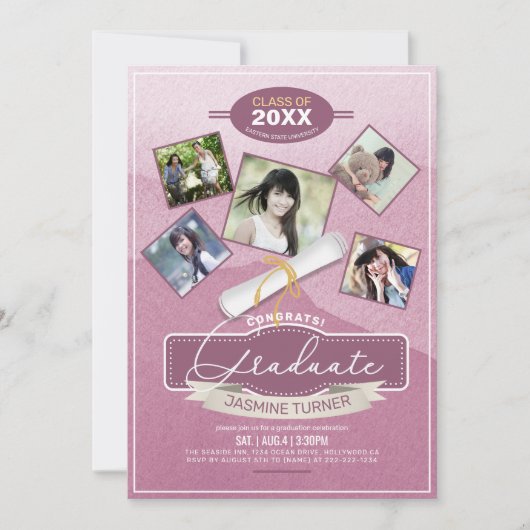 Vijf Foto's op Waterverf Afstuderen Roze ID892 Kaart (Voorkant)