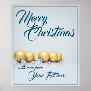 Vijf gouden kerstballen - blauwe tekst poster