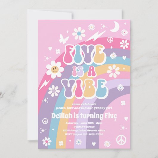 Vijf is een Vibe Groovy Hippie Rainbow 5e verjaard Kaart (Voorkant)