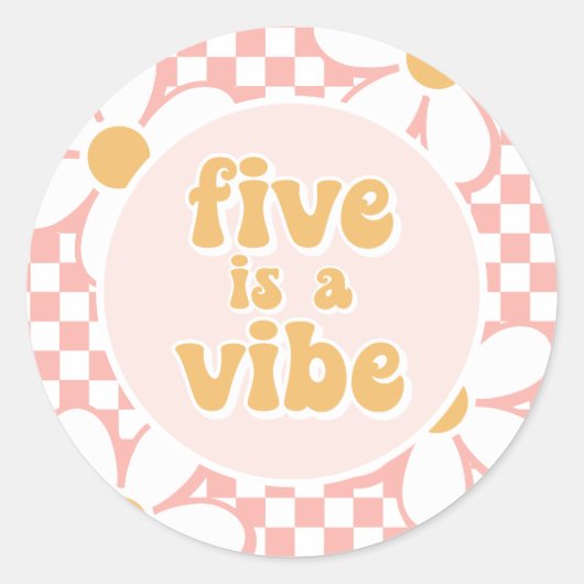 Vijf is een Vibe Pink Daisy Checker Ronde Sticker (Voorkant)