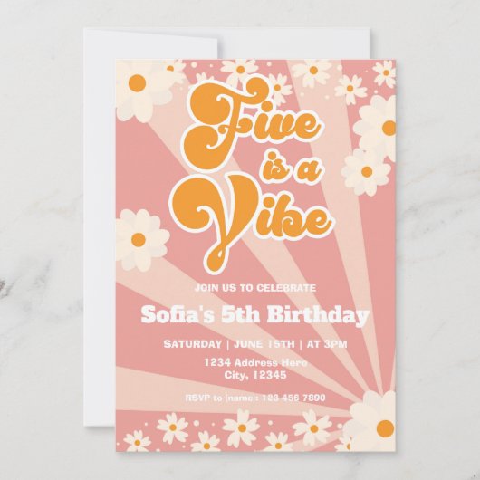 Vijf is een Vibe Retro Birthday Uitnodiging (Voorkant)
