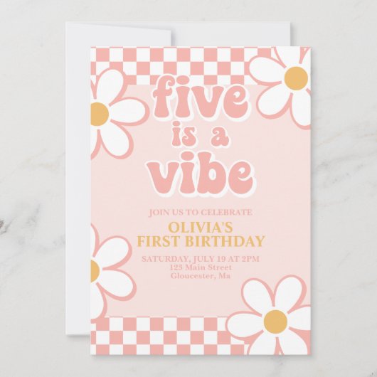 Vijf is een Vibe Retro Check Pink Daisy Kaart (Voorkant)