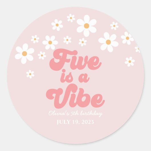 Vijf is een Vibe Retro Daisy Pink vijfde verjaarda Ronde Sticker (Voorkant)