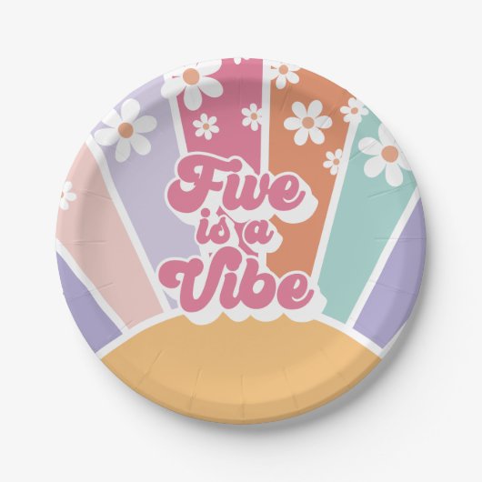 Vijf is een Vibe Retro Sunshine Rainbow Daisy Papieren Bordje (Voorkant)