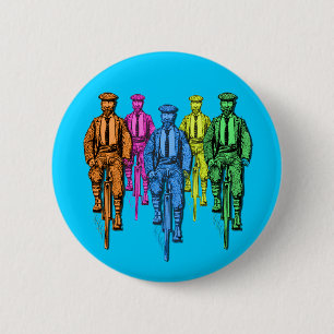 vijf jongens op fietsenillustratie ronde button 5,7 cm