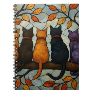 Vijf katten op een tak in glas-in-loodstijl notitieboek