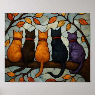 Vijf katten op een tak in glas-in-loodstijl poster