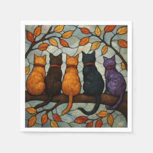 Vijf katten op een tak in glas-in-loodstijl servet