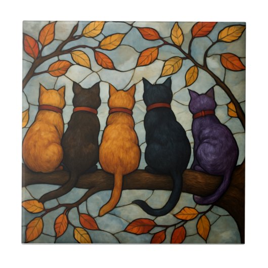 Vijf katten op een tak in glas-in-loodstijl tegeltje (Voorkant)