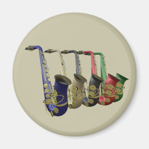 Vijf kleurrijke saxofoons in een lijn magneet