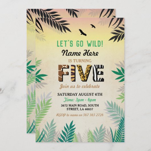 Vijf Oerwoud 5e verjaardagsfeest Safari ZOO Uitnod Kaart (Voorkant / Achterkant)