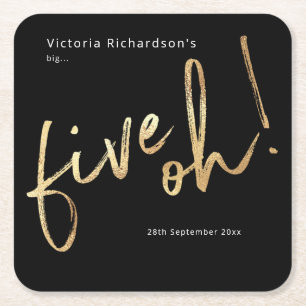 Vijf Oh 50th Birthday Black Gold Foil Simple Chic Vierkante Kartonnen Onderzetter