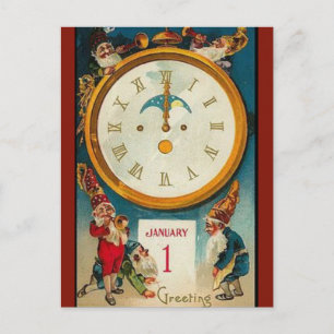 vijf ouderen rond een klok gelukkig nieuwjaar briefkaart
