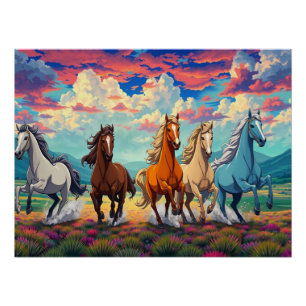 Vijf paarden lopen vrij perfect poster