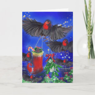 Vijf Robins met Mistletoe en Xmas kous Feestdagen Kaart