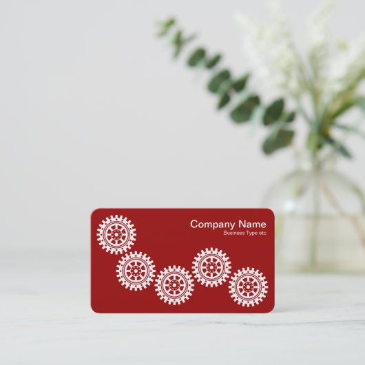 Vijf tandwielen II - wit op ruby Red - grijs terug Visitekaartje (Staand voorkant)