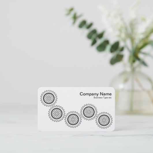 Vijf tandwielen - zwart en wit - grijs terug visitekaartje (Staand voorkant)