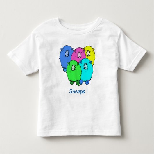 Vijf vet pluizig gekleurde cartoon stijl schaap kinder shirts (Voorkant)