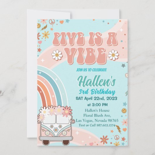 Vijf Vibe Groovy Retro Rainbow vijfde verjaardag Kaart (Voorkant)