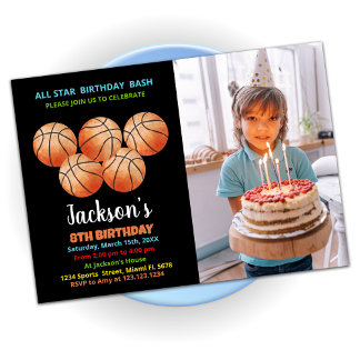 Vijf zwarte Oranje Basketball Birthday Foto Kaart