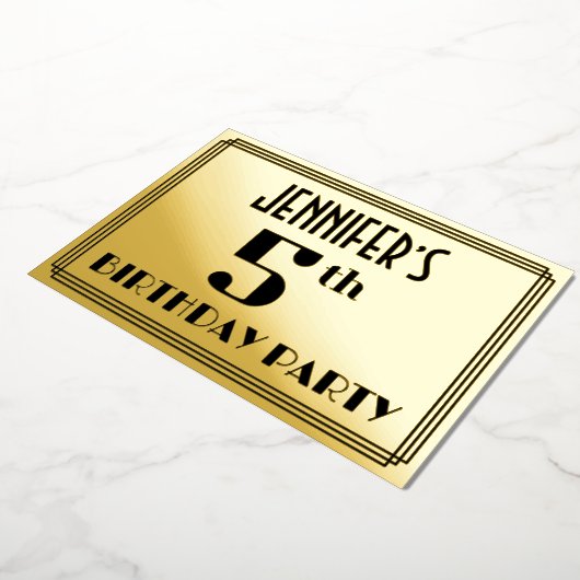 Vijfde verjaardag: Art Deco Kijk "5" en naam Folie Uitnodiging (Gedraaid)