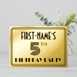 Vijfde verjaardag — Art Deco Style "5" en naam Folie Uitnodiging