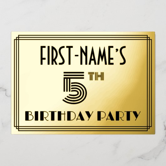 Vijfde verjaardag — Art Deco Style "5" en naam Folie Uitnodiging (Voorkant)