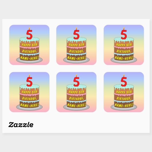 Vijfde verjaardag: Fun Cake en Candle + Custom Nam Vierkante Sticker (Vel)