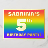 Vijfde verjaardag: Fun, kleurrijk regenboogpatroon Folie Uitnodiging (Voorkant)