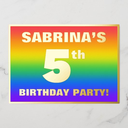 Vijfde verjaardag: Fun, kleurrijk regenboogpatroon Folie Uitnodiging (Voorkant)