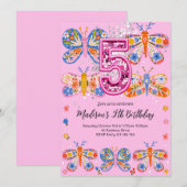 Vijfde verjaardag roze vlinder kaart (Voorkant / Achterkant)