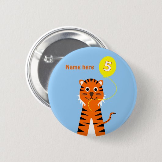 vijfde verjaardag tijger voegt naam blauw sinaasap ronde button 5,7 cm (Voorkant /achterkant)