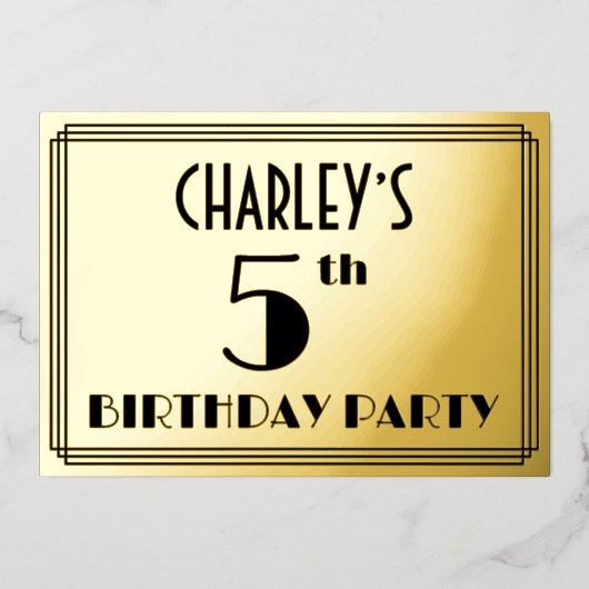 Vijfde verjaardag van de Kunst Deco Kijk "5" + Naa Folie Uitnodiging (Voorkant)