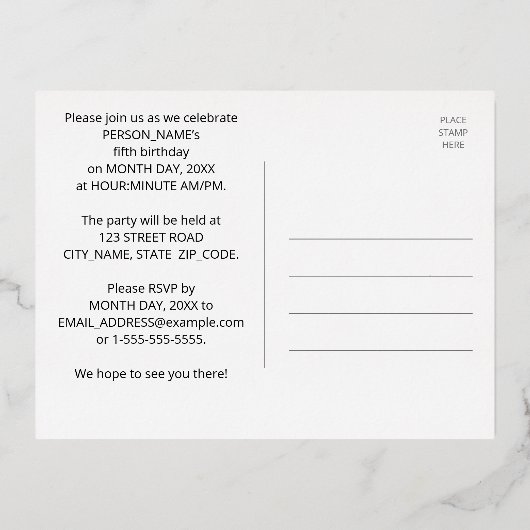 Vijfde verjaardag: Vette, kleurrijke Fireworks-loo Folie Uitnodiging Briefkaart (Achterkant)