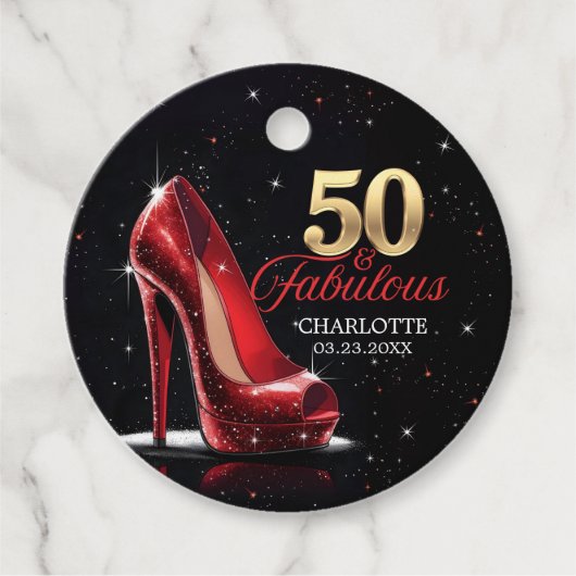 Vijftig 50 & Fabulous BIRTHDAY Rood Goud Hoge Hakk Bedankjes Labels (Voorkant)