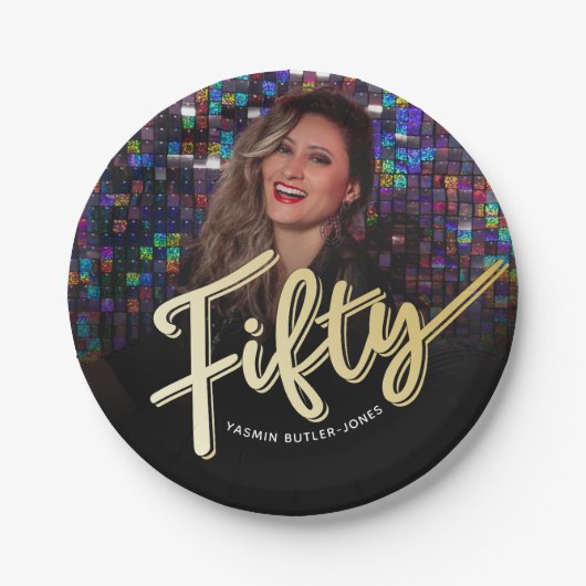 Vijftig 50e verjaardag aangepaste fotoscript goude papieren bordje (Voorkant)