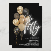 Vijftig 50ste verjaardag ballonnen zwart en goud kaart (Voorkant / Achterkant)