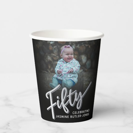Vijftig 50ste verjaardag foto script zwart zilver papieren bekers (Achterkant)