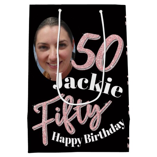 Vijftig 50th Birthday fotoscript roos roze aangepa Medium Cadeauzakje (Achterkant)