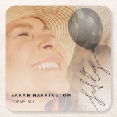 Vijftig Ballonsnaren | Foto 50ste verjaardagsfeest Vierkante Kartonnen Onderzetter (Voorkant)