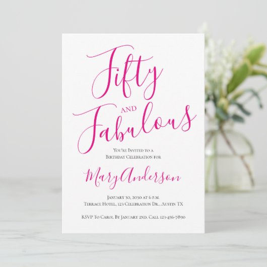 Vijftig en fabuleus script roze 50ste verjaardagsf kaart (Staand voorkant)