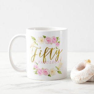Vijftig en Fabulous Floral Gold Pink Koffiemok