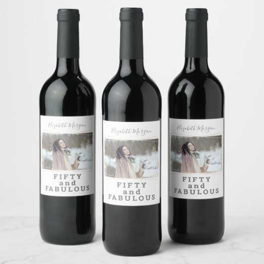 Vijftig en Fabulous Foto Moderne Verjaardag Wijn Etiket (Flessen)